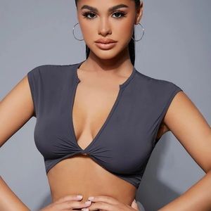 V neck crop top. Dark blue really good for summer and spring.